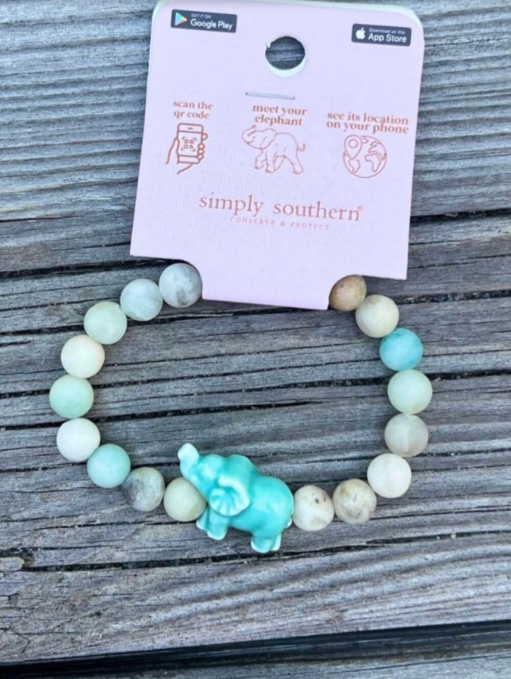 Simply Southern Neutral Green Beaded Elephant Tracker Bracelet,Blue Elephant NWT